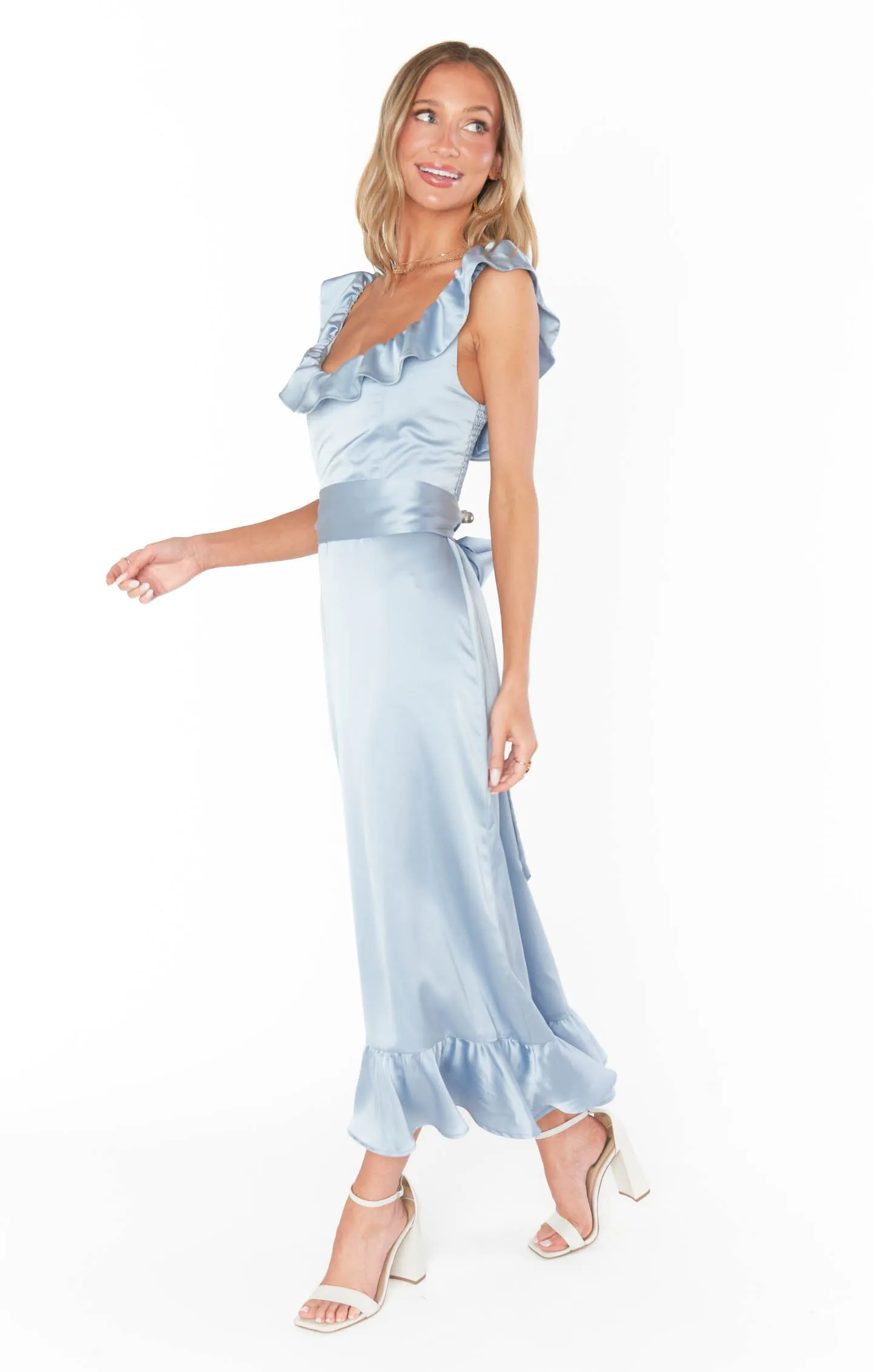 Alexis Midi Dress ~ Steel Blue Luxe Satin