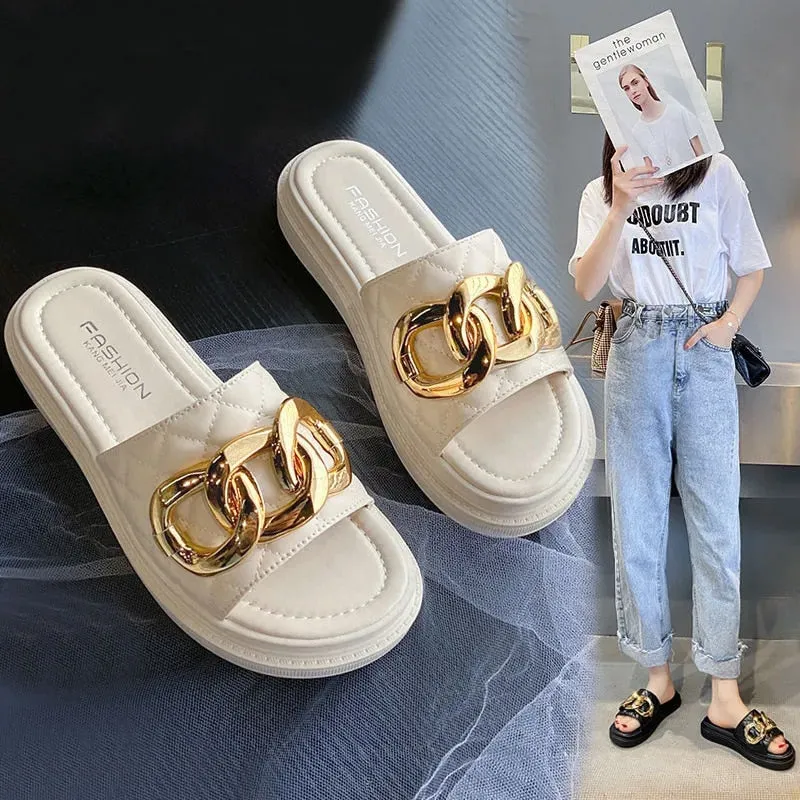 All-match Summer Casual Metal Buckle Slippers