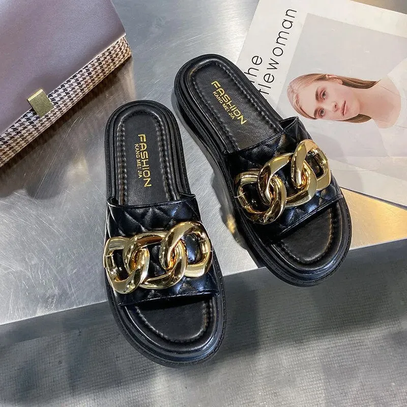 All-match Summer Casual Metal Buckle Slippers