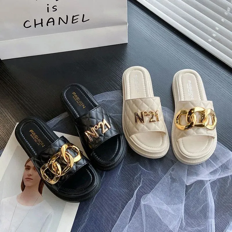 All-match Summer Casual Metal Buckle Slippers