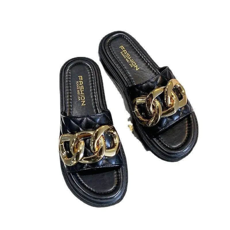 All-match Summer Casual Metal Buckle Slippers