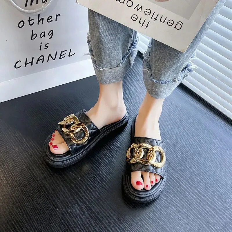 All-match Summer Casual Metal Buckle Slippers