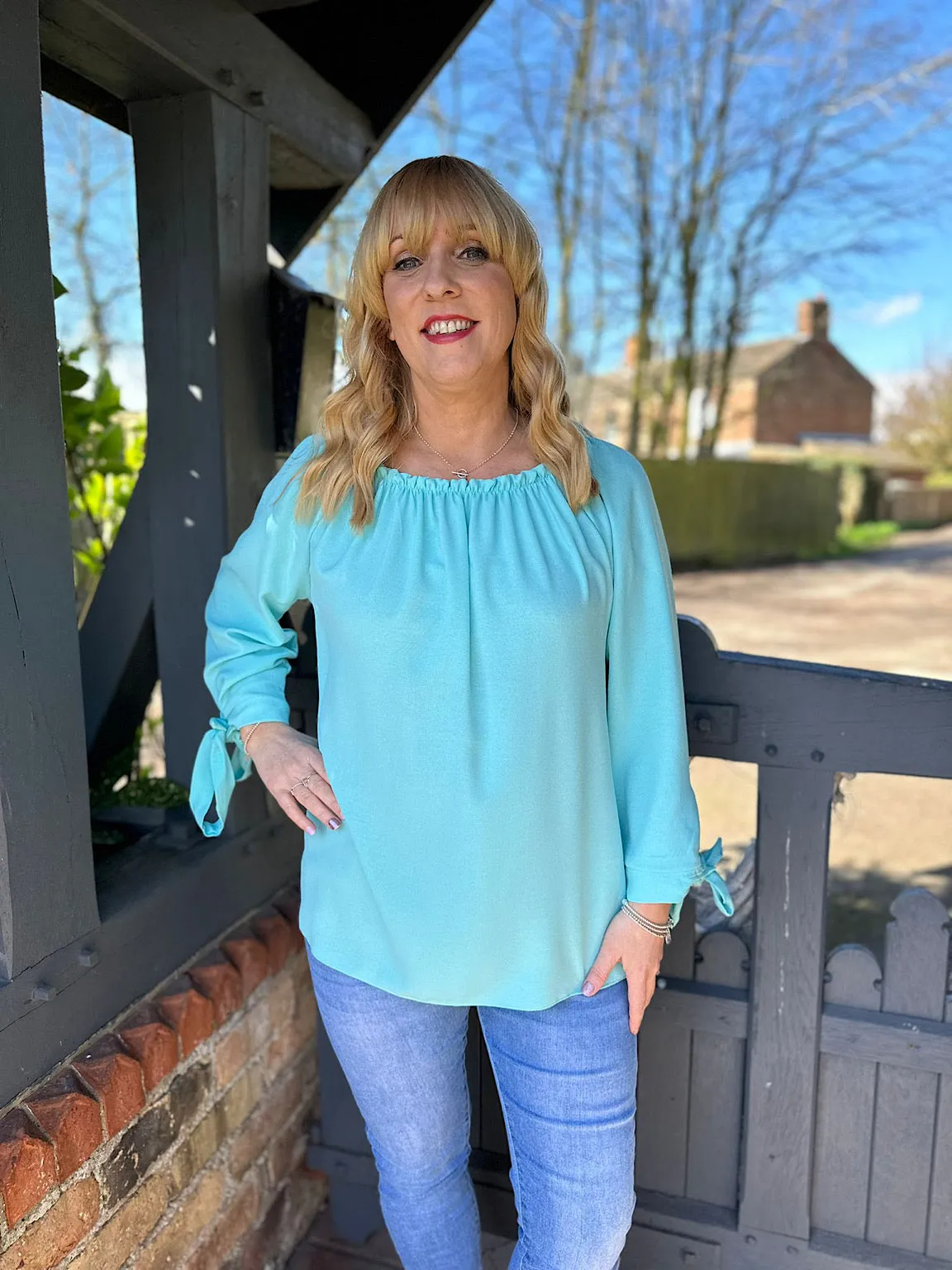 Aqua Tied Sleeve Bardot Top Trinity