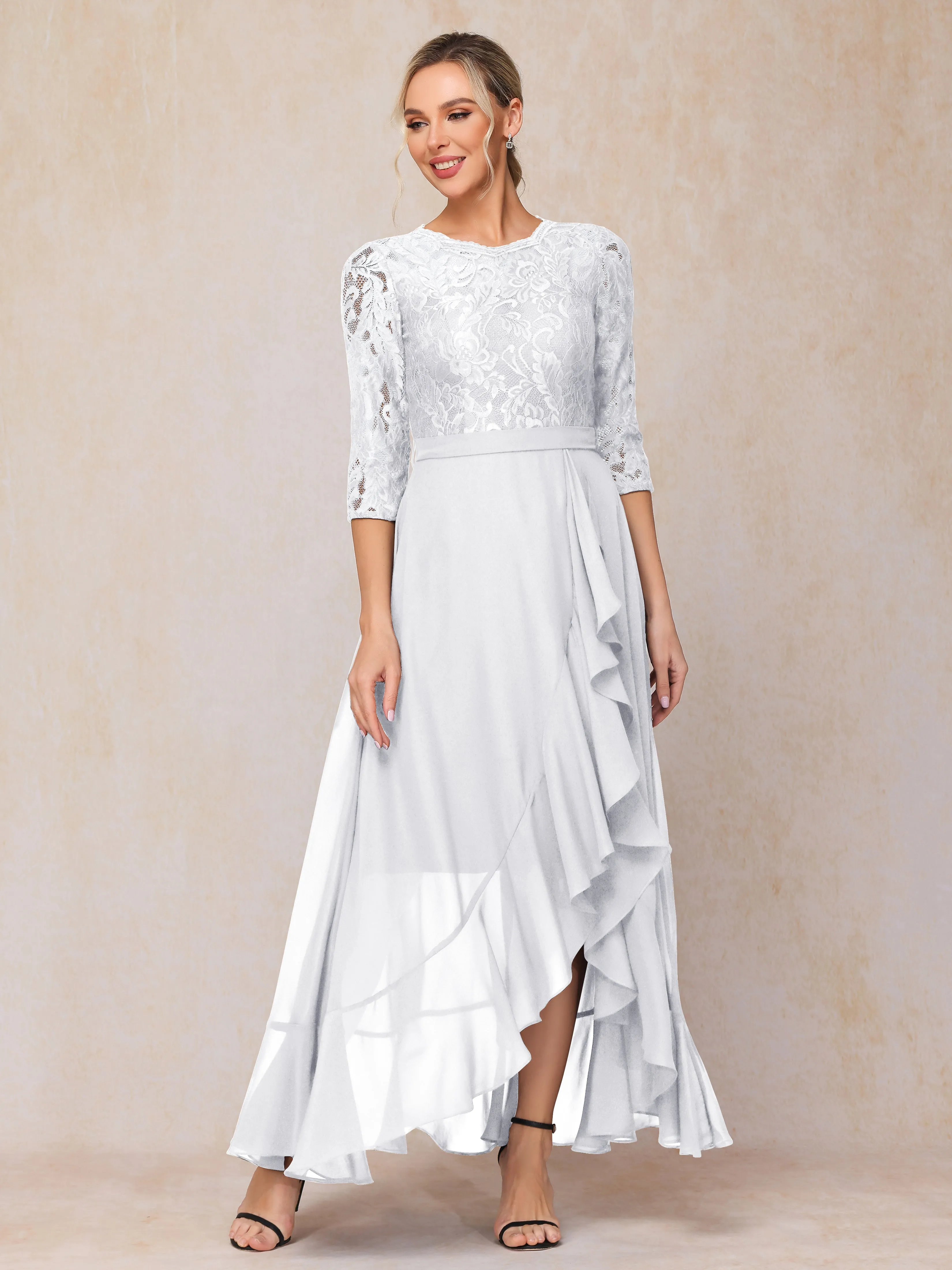 Asymétrique Trapèze Manches longues Mousseline Dentelle Robe Mère de la Mariée