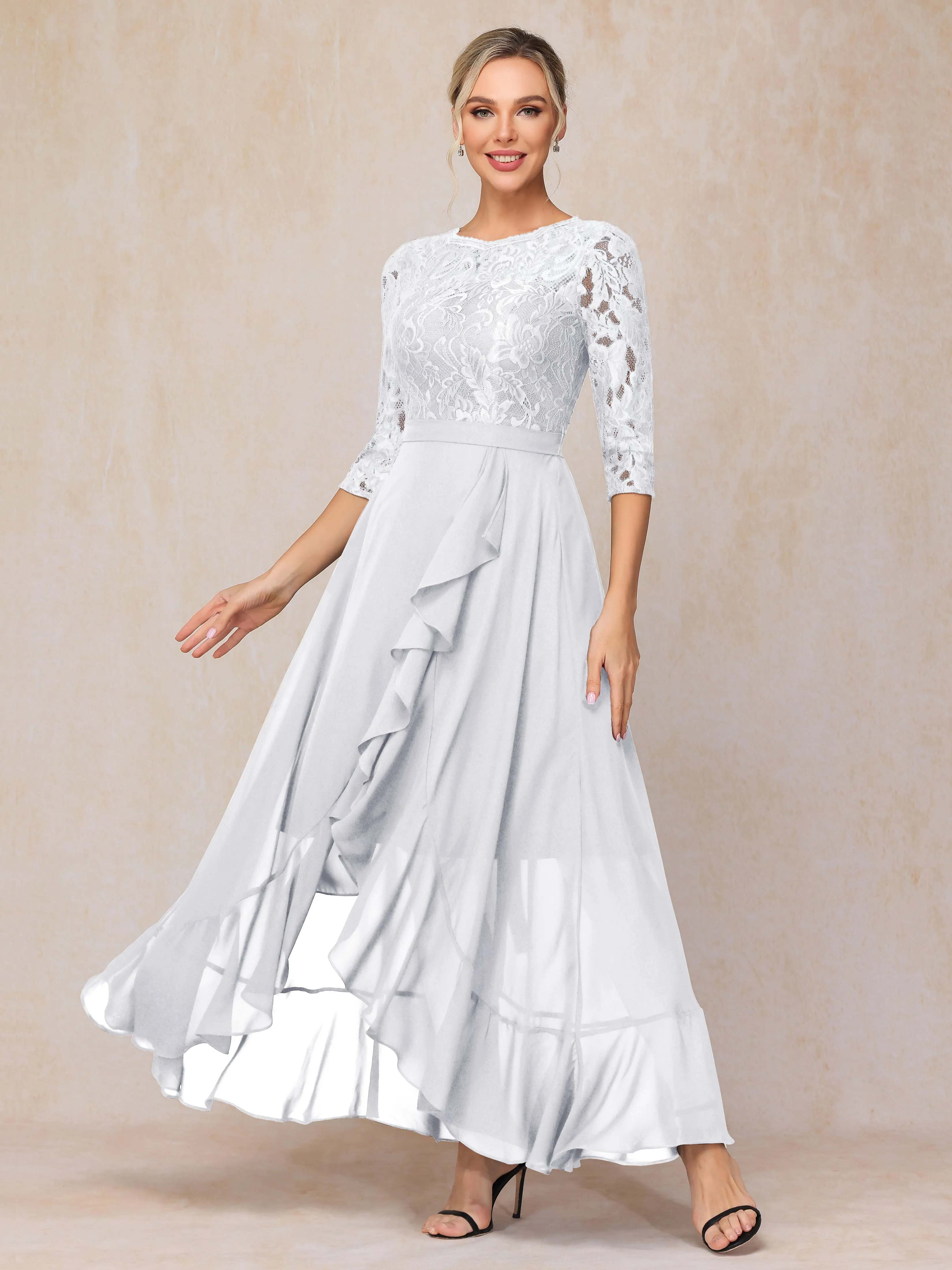 Asymétrique Trapèze Manches longues Mousseline Dentelle Robe Mère de la Mariée