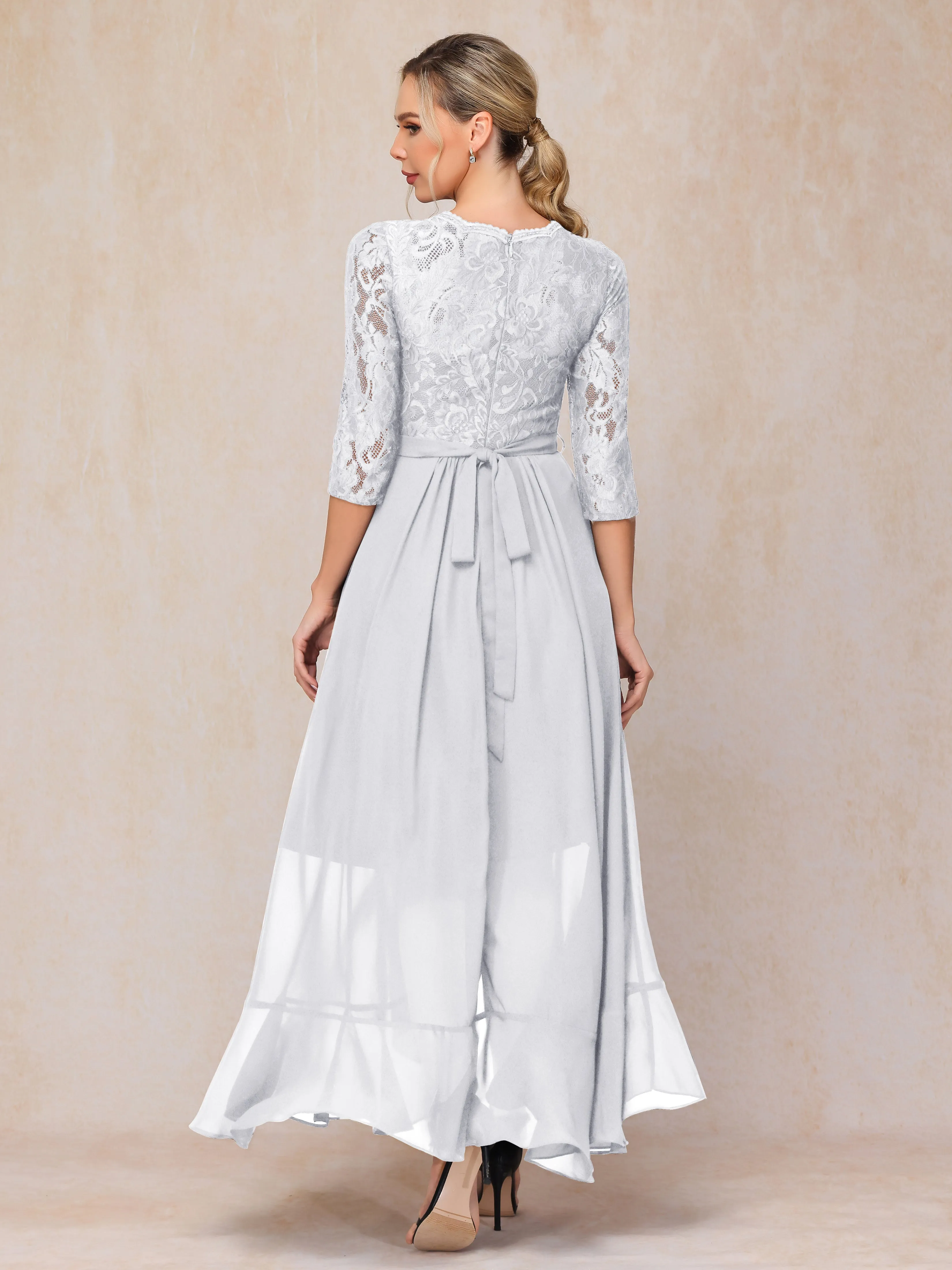 Asymétrique Trapèze Manches longues Mousseline Dentelle Robe Mère de la Mariée