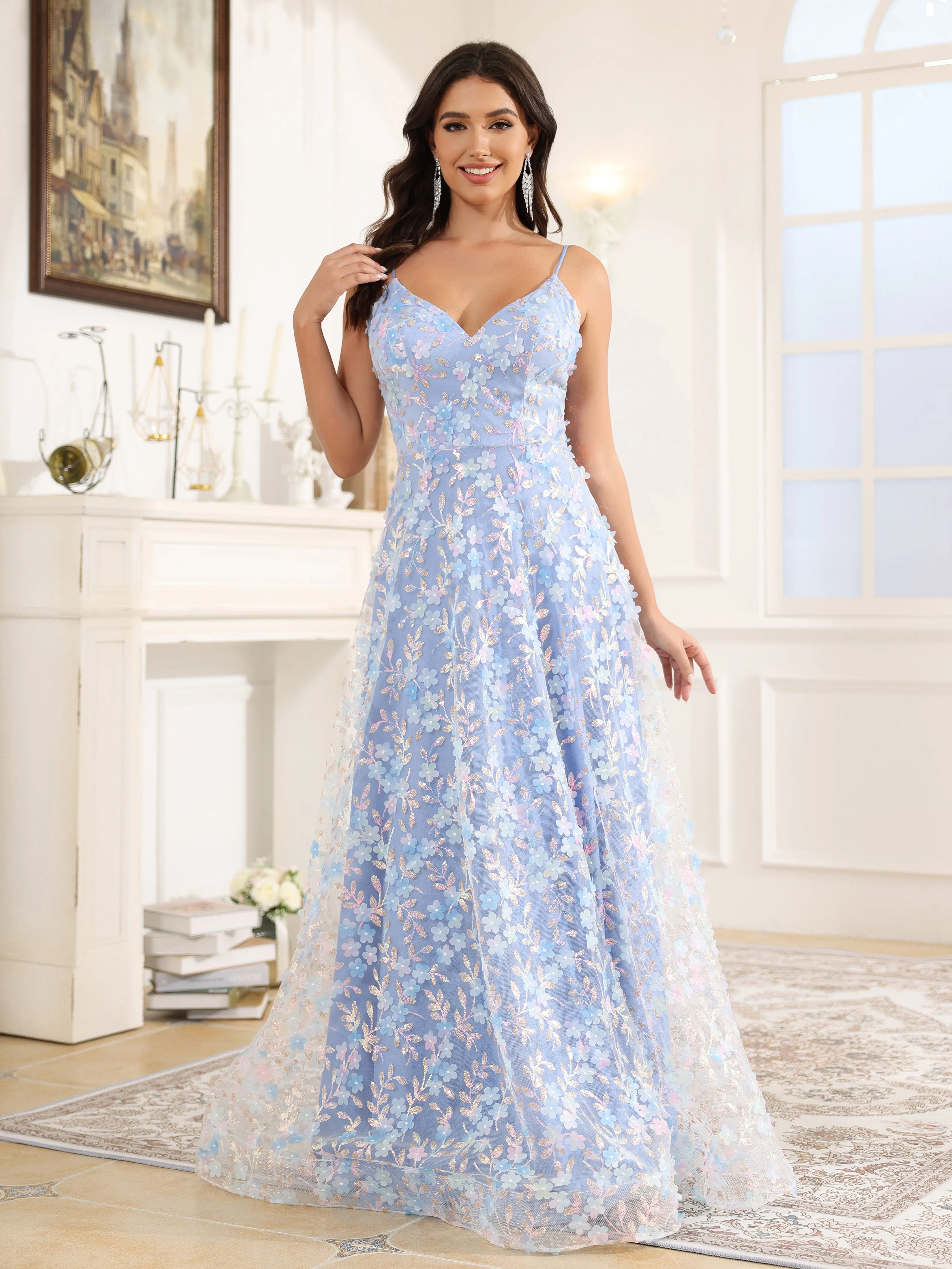 Bretelles Spaghetti Col V Fendue Dentelle Robe de Soirée BLEU CIEL