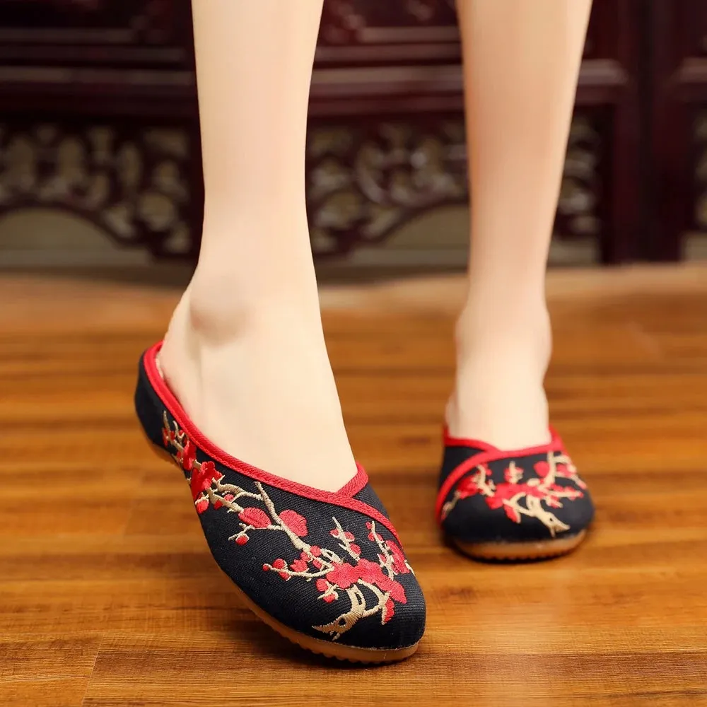 Chinese Plum Flowers Embroidered Cotton Mules Ladies Close Toe