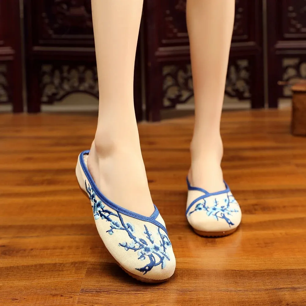 Chinese Plum Flowers Embroidered Cotton Mules Ladies Close Toe