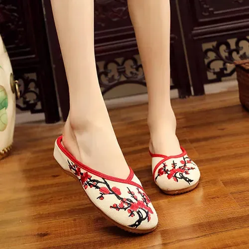 Chinese Plum Flowers Embroidered Cotton Mules Ladies Close Toe