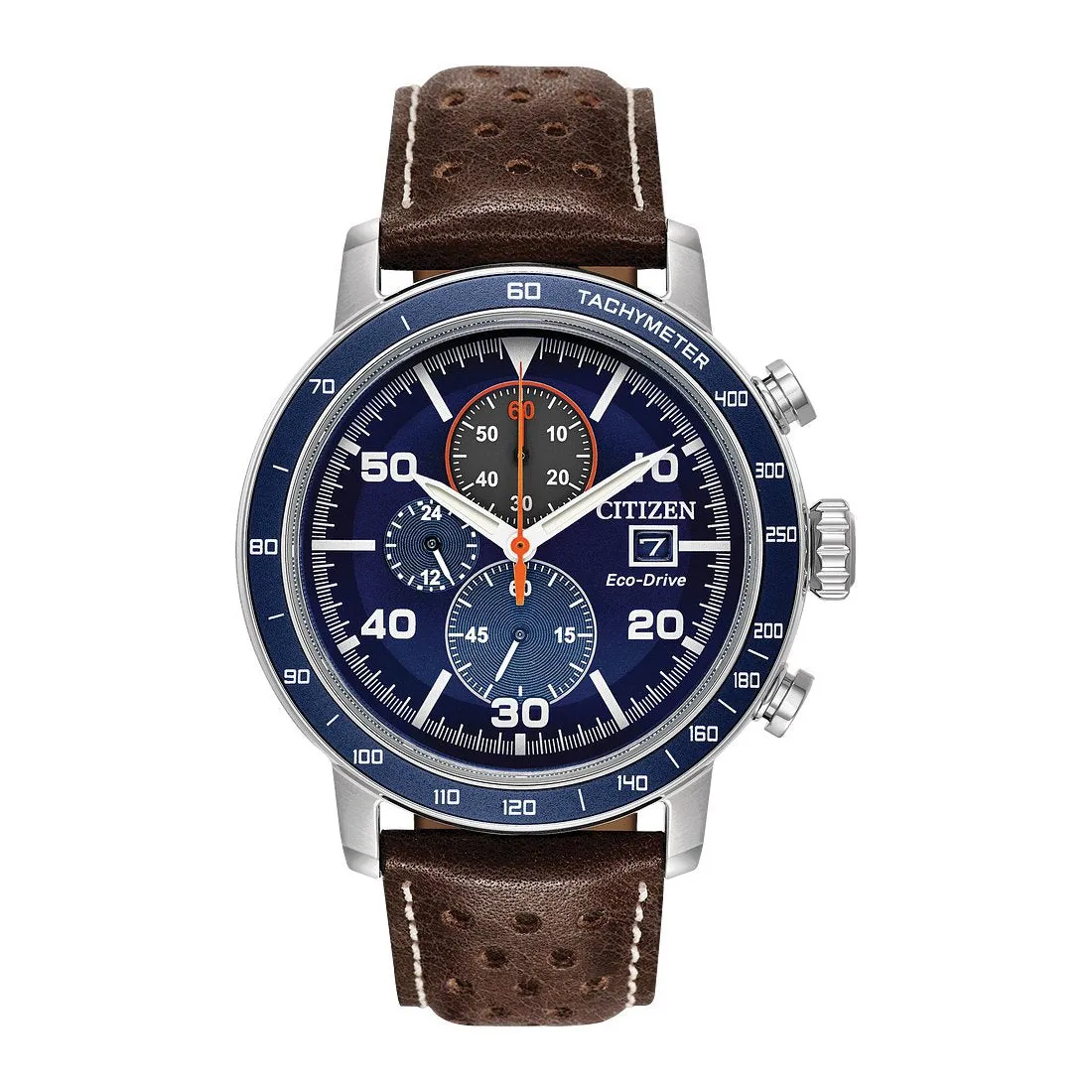 Citizen Brycen Mens Eco Drive Chronograph Stainless Steel Blue Dial Brown Leather Strap Watch