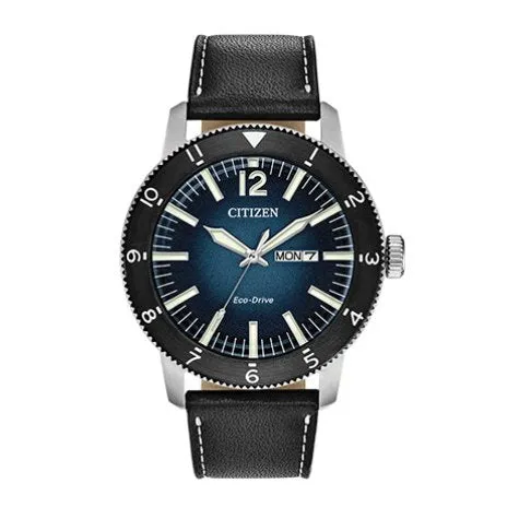 Citizen Brycen Mens Eco Drive Stainless Steel Blue Dial Black Leather Strap Watch