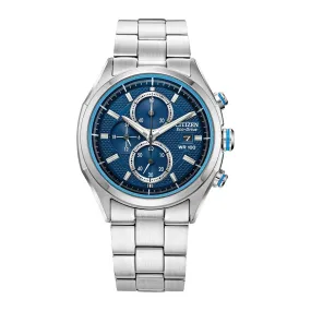 Citizen Drive Mens Eco Drive Chronograph Stainless Steel Blue Dial Watch