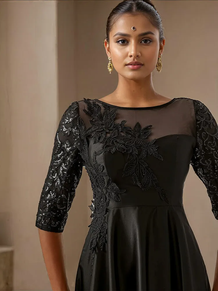 Demi-manches avec dentelle appliquée Satin Robe de la mère de la mariée en Noir