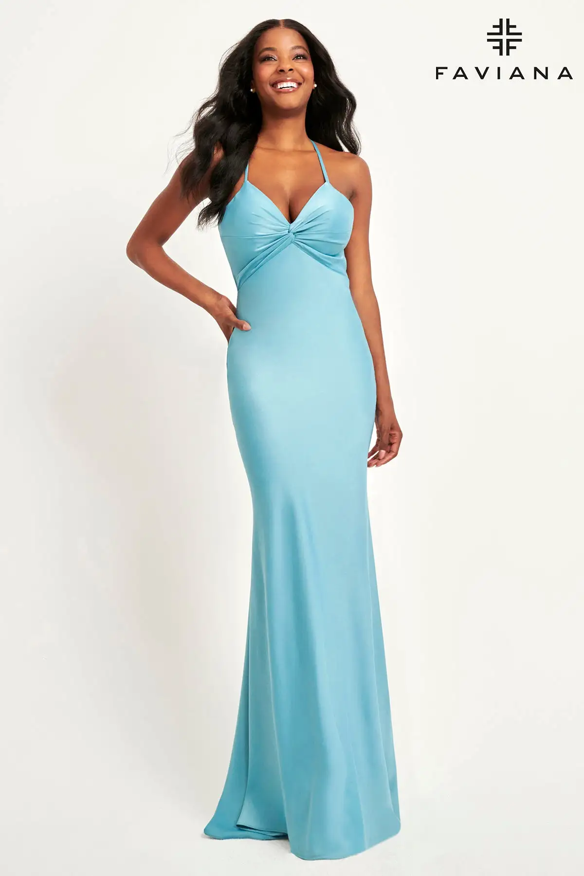 Faviana style 11066 Matte Satin V-Neck Dress With Knot Details