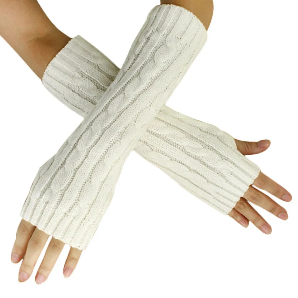 Feida 9 Colors Women Hemp Flowers Fingerless Knitted Long Gloves Mittens