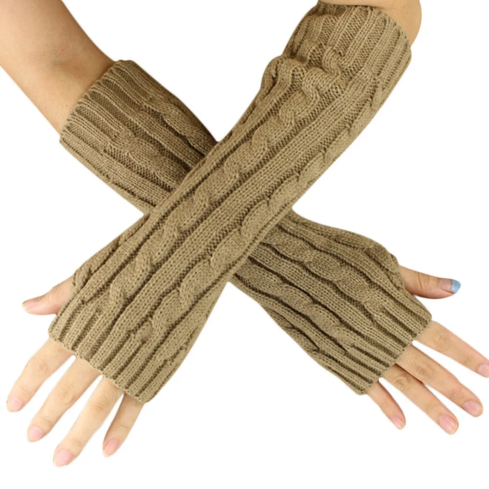 Feida 9 Colors Women Hemp Flowers Fingerless Knitted Long Gloves Mittens