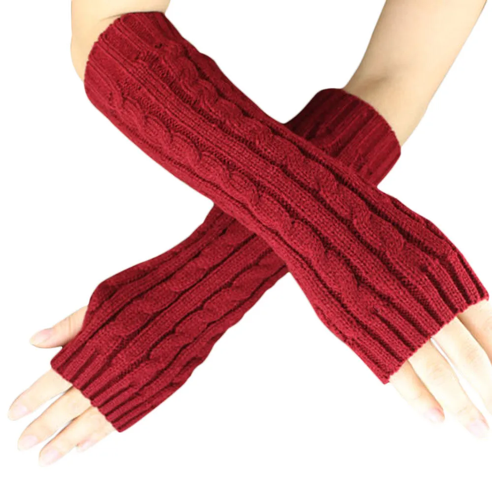 Feida 9 Colors Women Hemp Flowers Fingerless Knitted Long Gloves Mittens