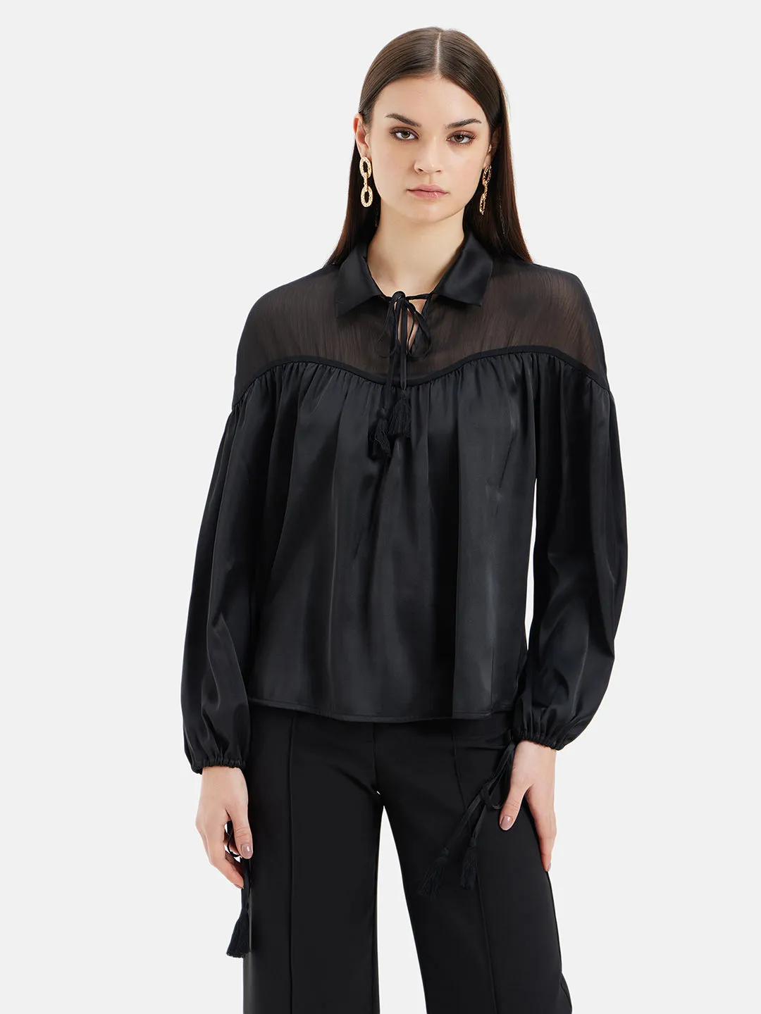 Frida Sheer Yoke Tie-Up Top