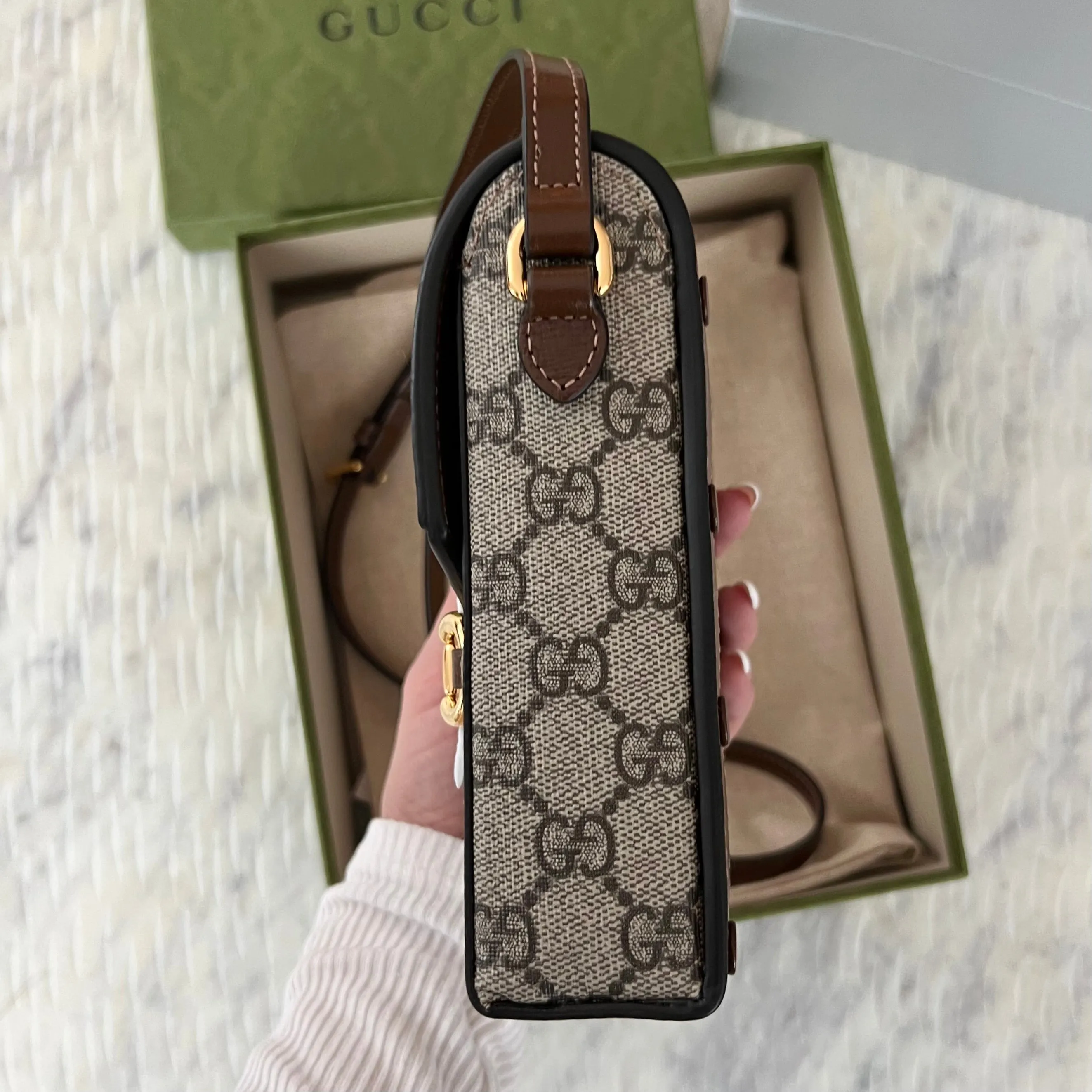 GUCCI Brown GG Supreme 'Gucci 1955' Horsebit Mini Bag