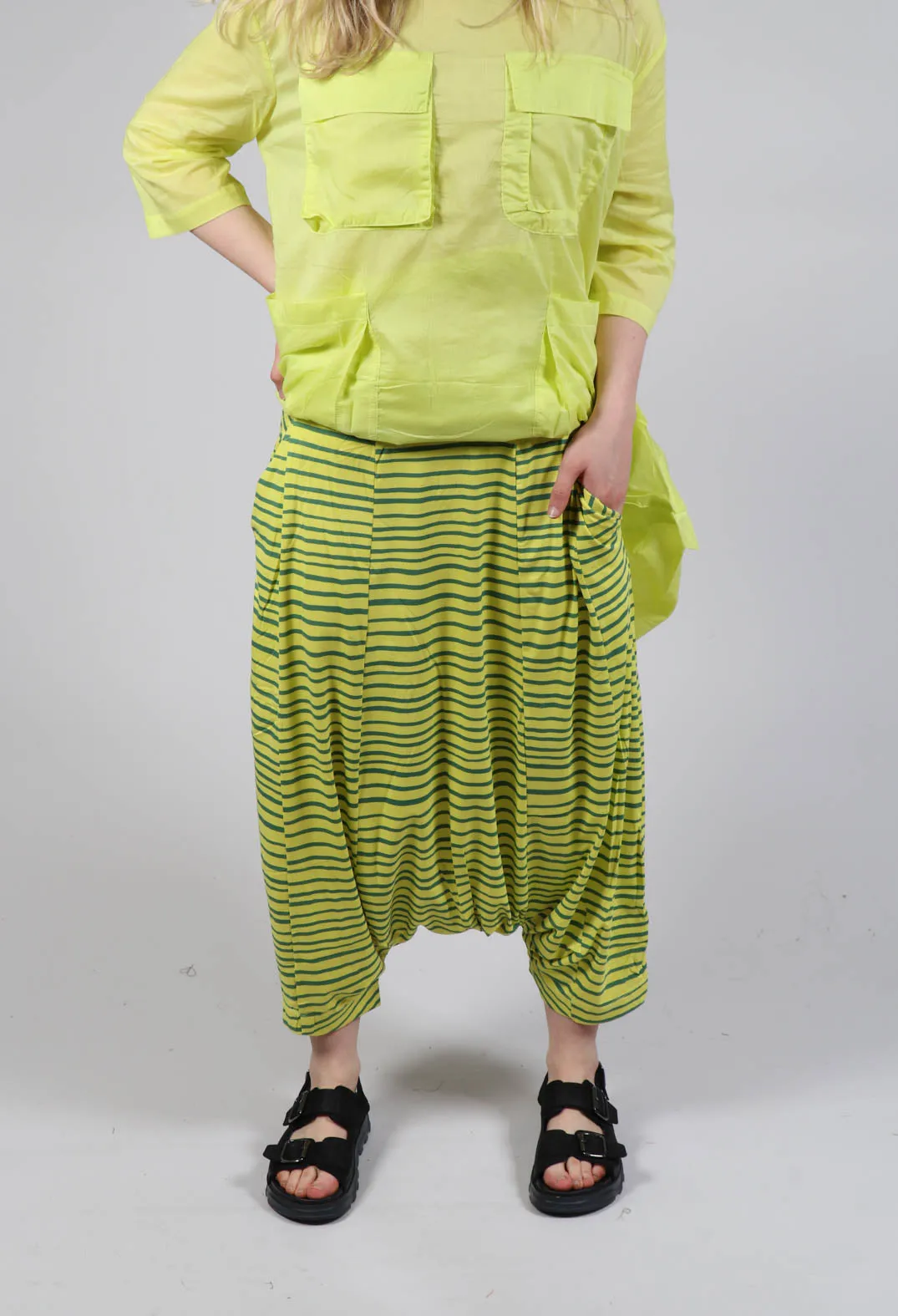 Jersey Drop-Crotch Trousers in Lime with Green Lines