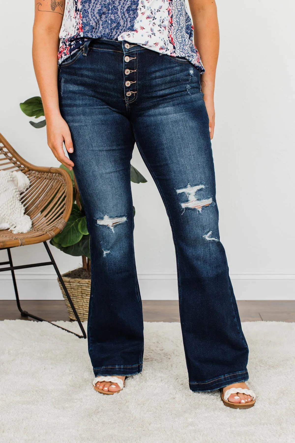 KanCan Petite Distressed Flare Jeans- Lenore Wash