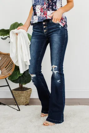 KanCan Petite Distressed Flare Jeans- Lenore Wash