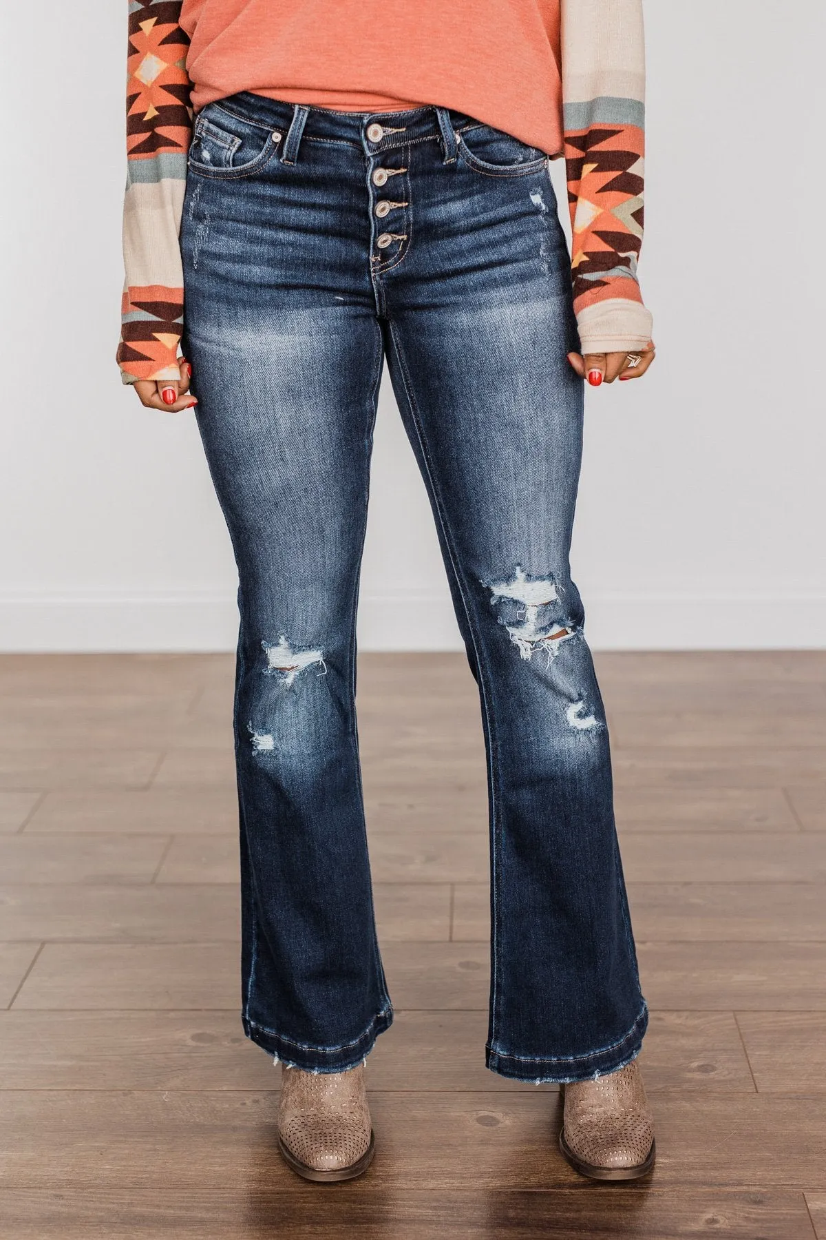 KanCan Petite Distressed Flare Jeans- Lenore Wash