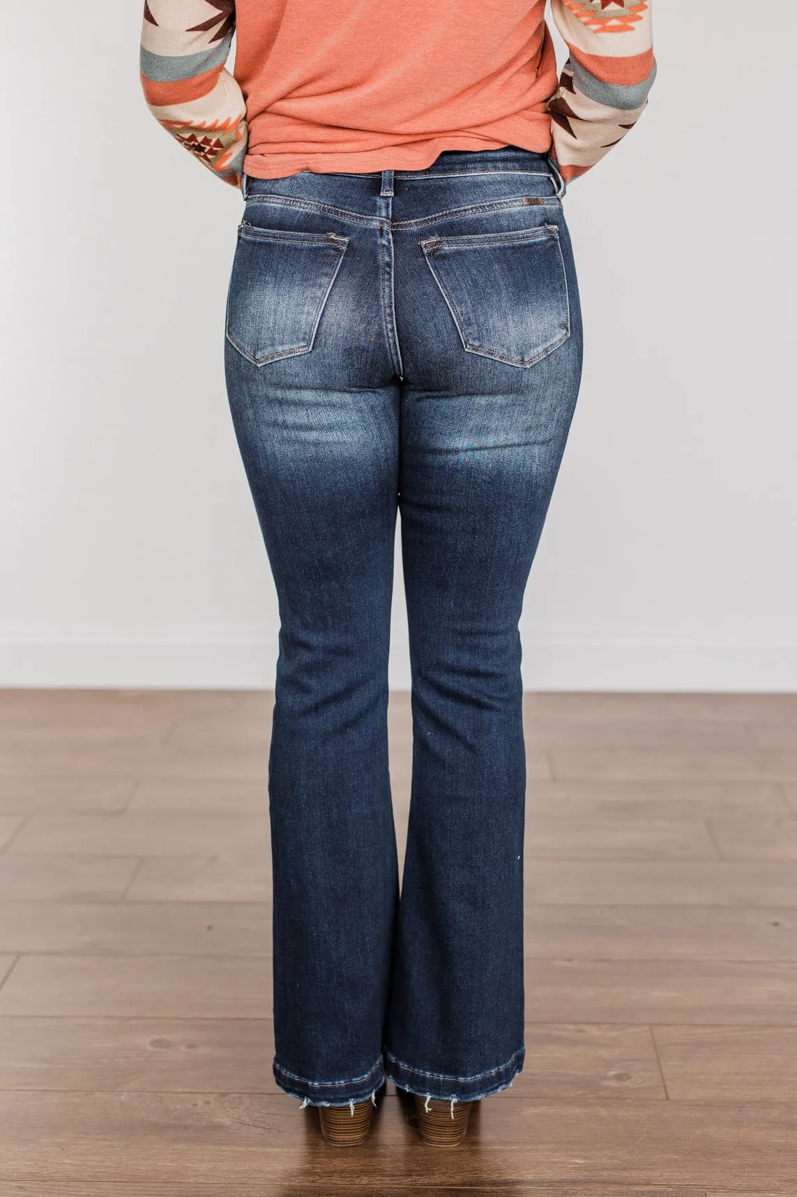 KanCan Petite Distressed Flare Jeans- Lenore Wash