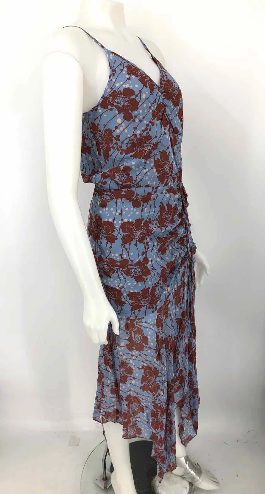 KARINA GRIMALDI Terra Cotta Blue & Pink Floral Ruched Size X-SMALL Dress