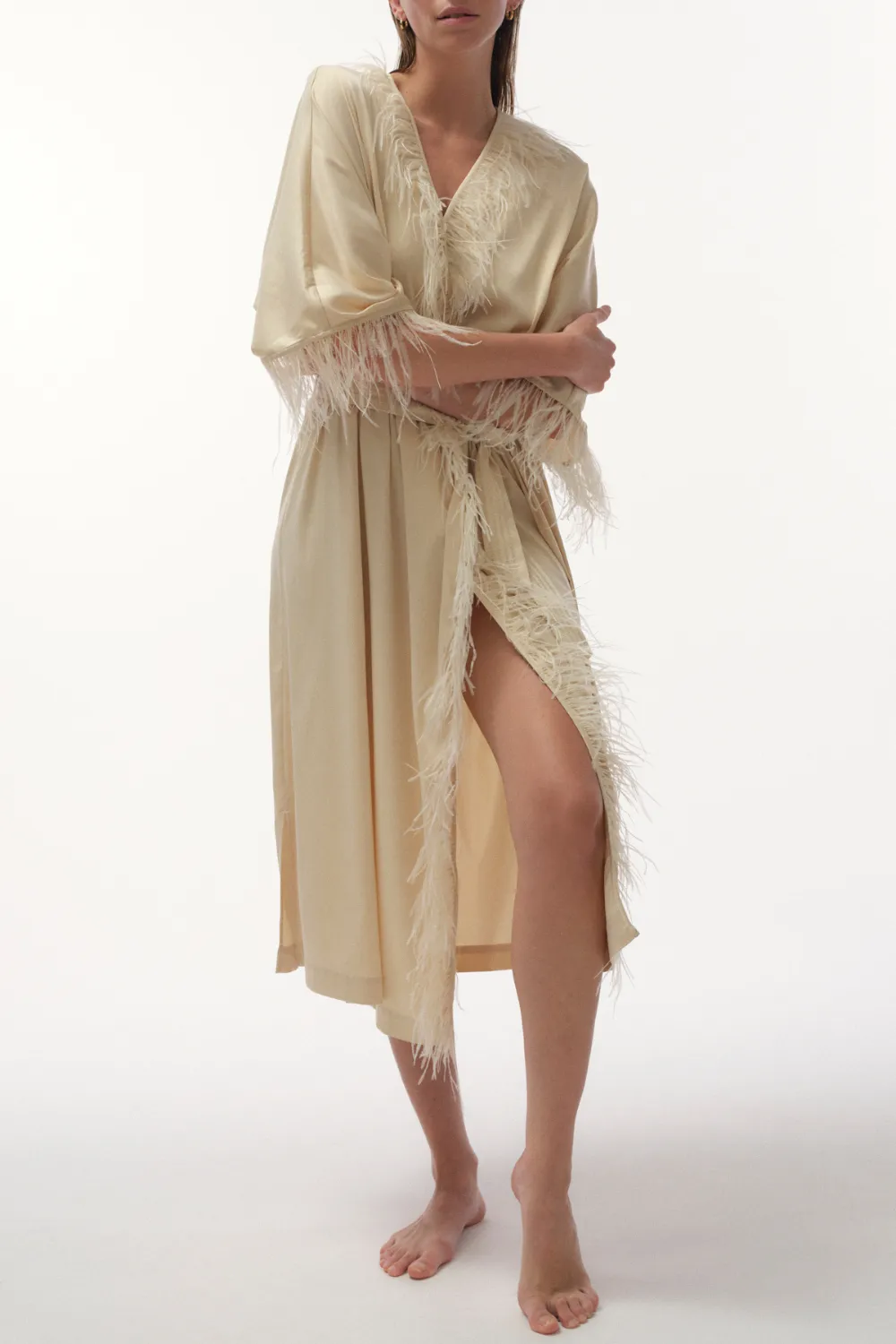 Laura Marabou Feather Trim Satin Robe