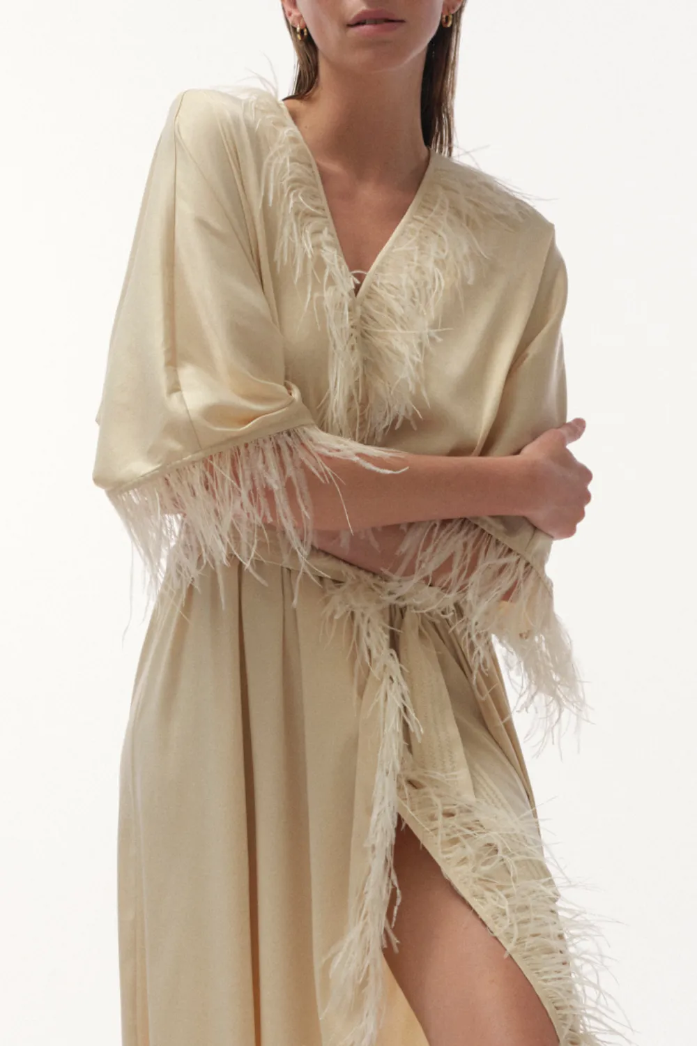 Laura Marabou Feather Trim Satin Robe