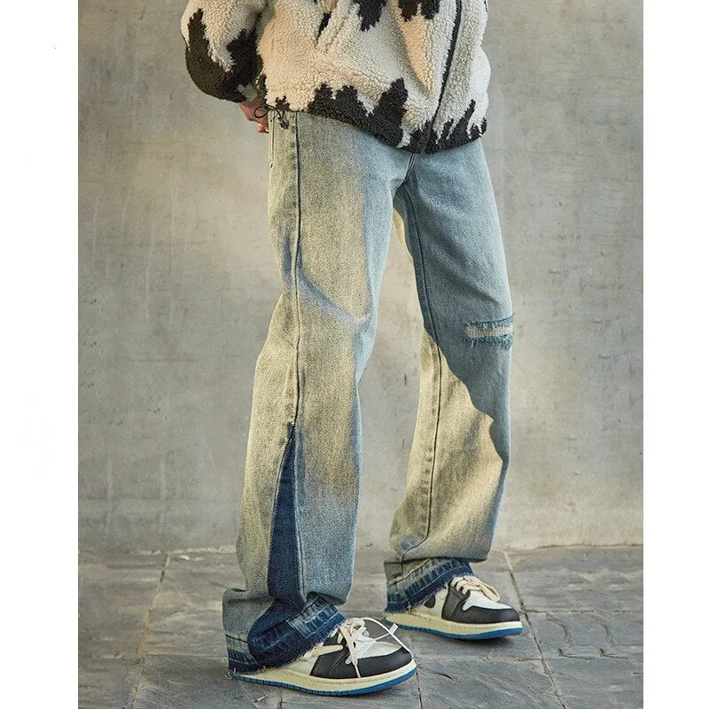 Men's Hip Hop Spliced Patchwork Straight Loose Denim Trousers Streetwear