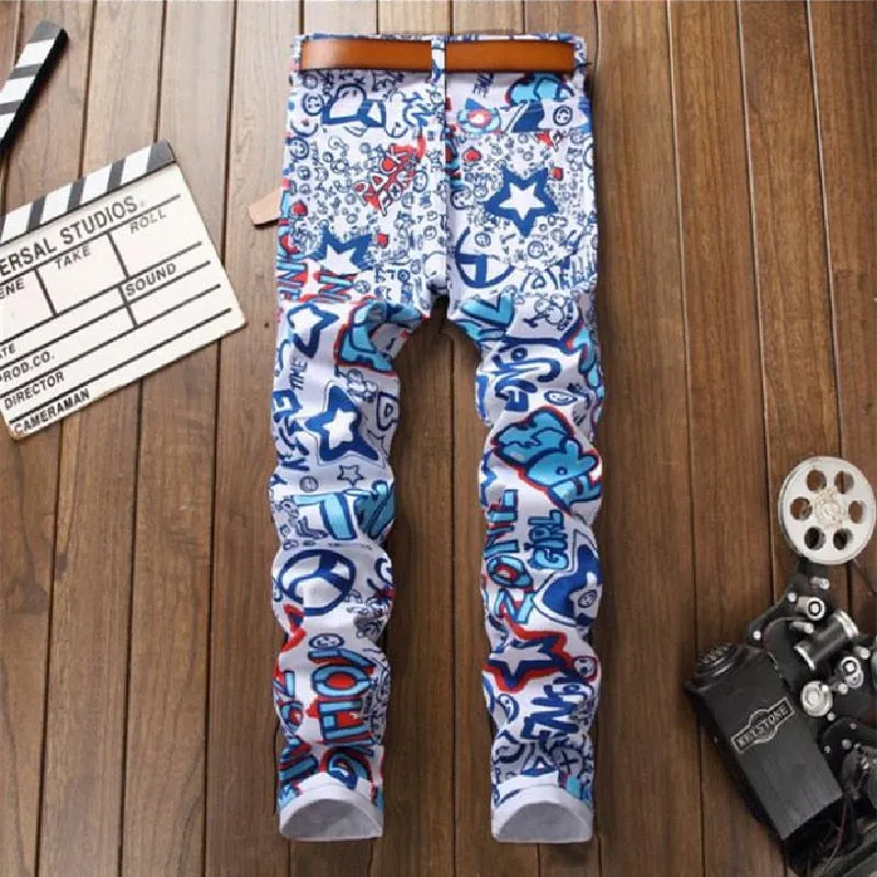 Men's Hip-Hop Style Digital Print Geometric Stretch Casual Skinny Trousers