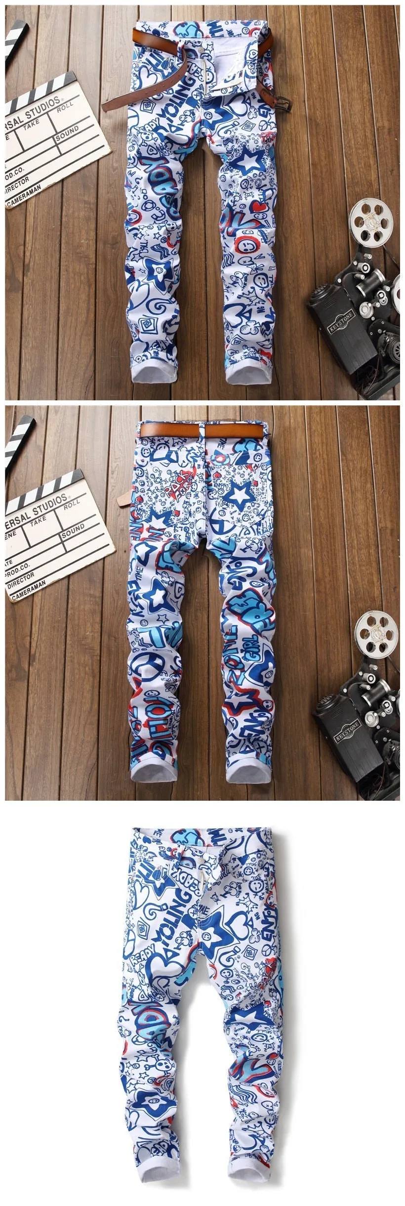 Men's Hip-Hop Style Digital Print Geometric Stretch Casual Skinny Trousers