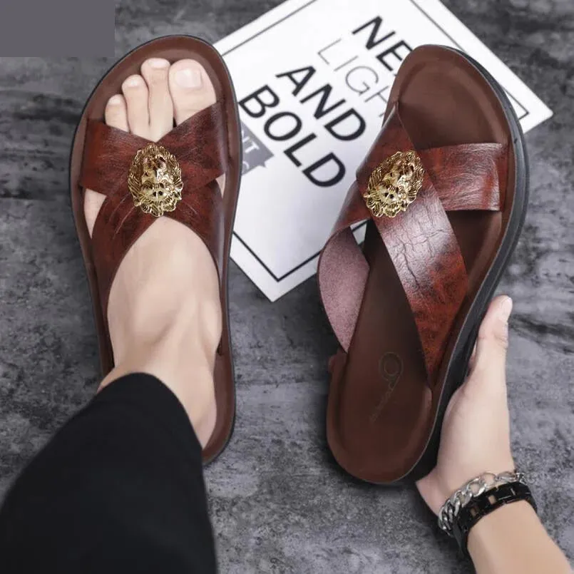 Men's Punk Style Summer Fashion Genuine Leather Casual Flip-Flop Slippers