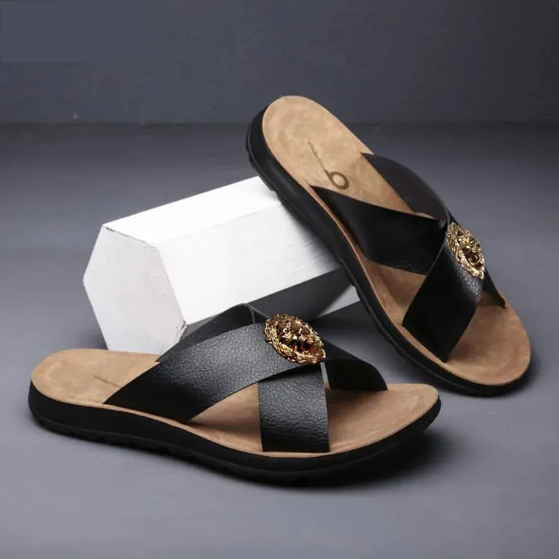 Men's Punk Style Summer Fashion Genuine Leather Casual Flip-Flop Slippers