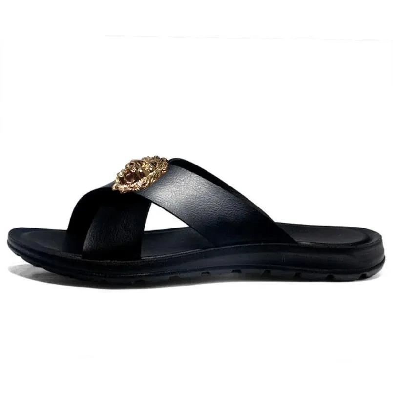 Men's Punk Style Summer Fashion Genuine Leather Casual Flip-Flop Slippers