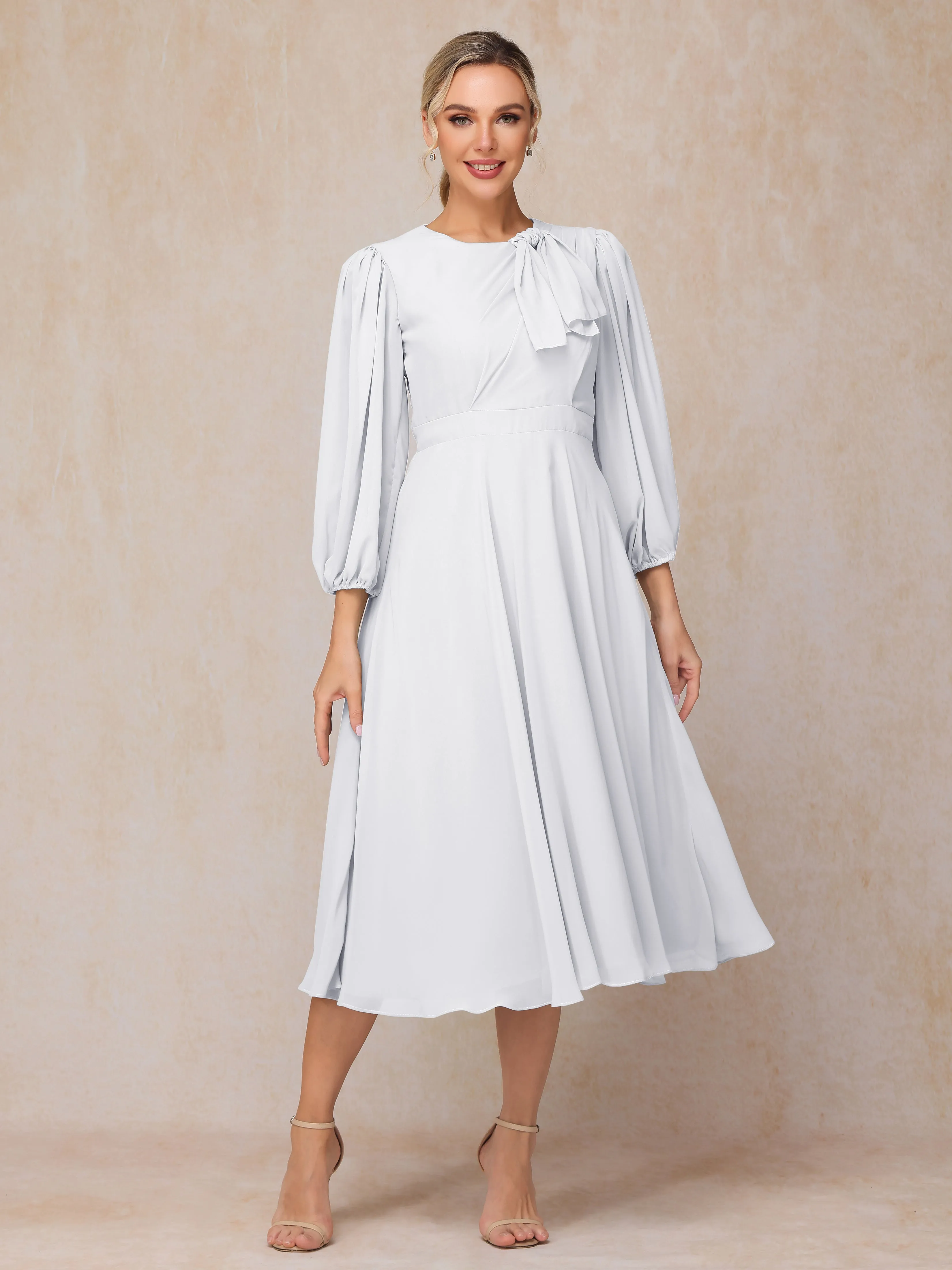 Mi-longue Trapèze Manches 3/4 Col rond Mousseline Robe Mère de la Mariée avec nœud