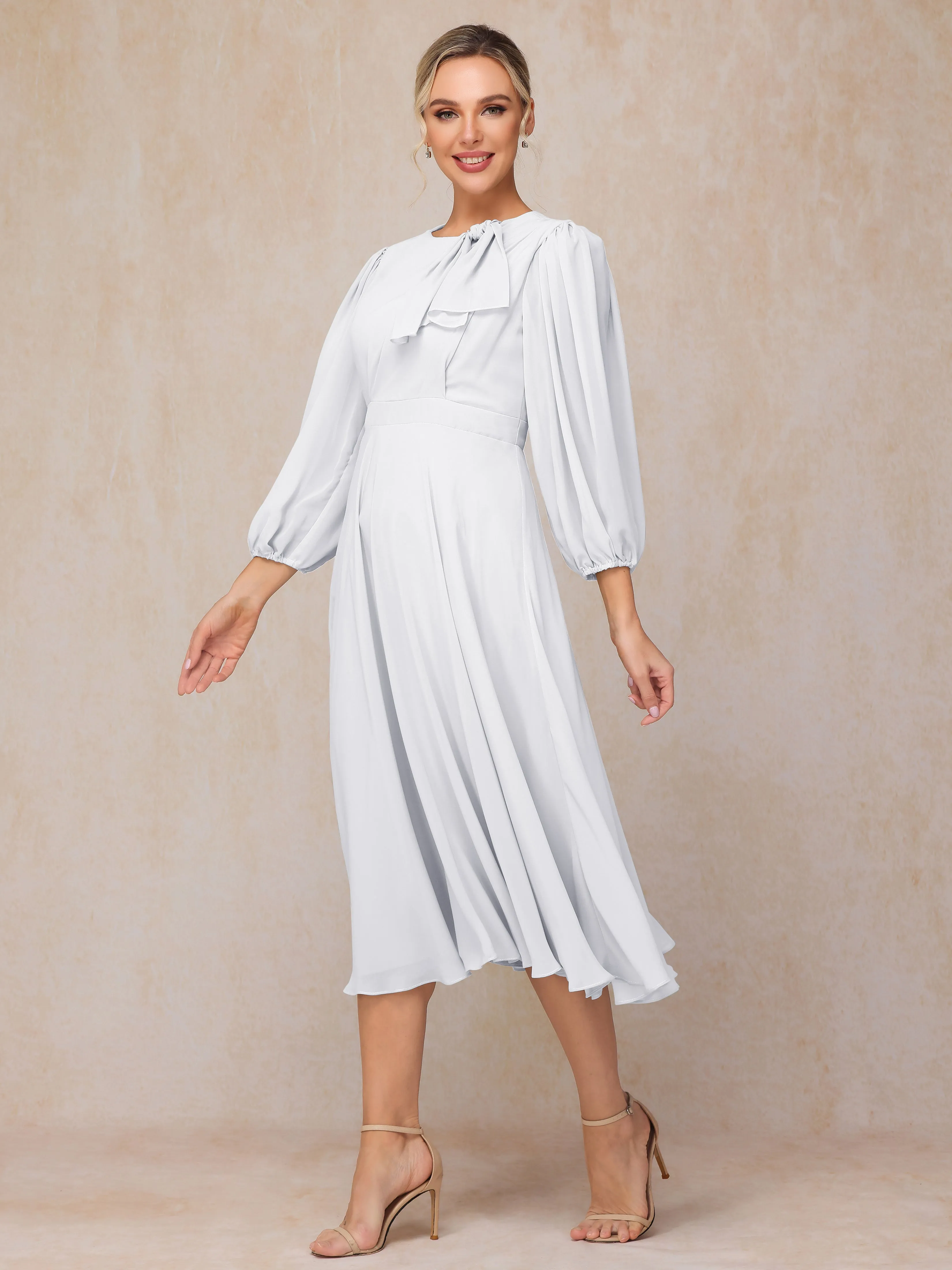 Mi-longue Trapèze Manches 3/4 Col rond Mousseline Robe Mère de la Mariée avec nœud