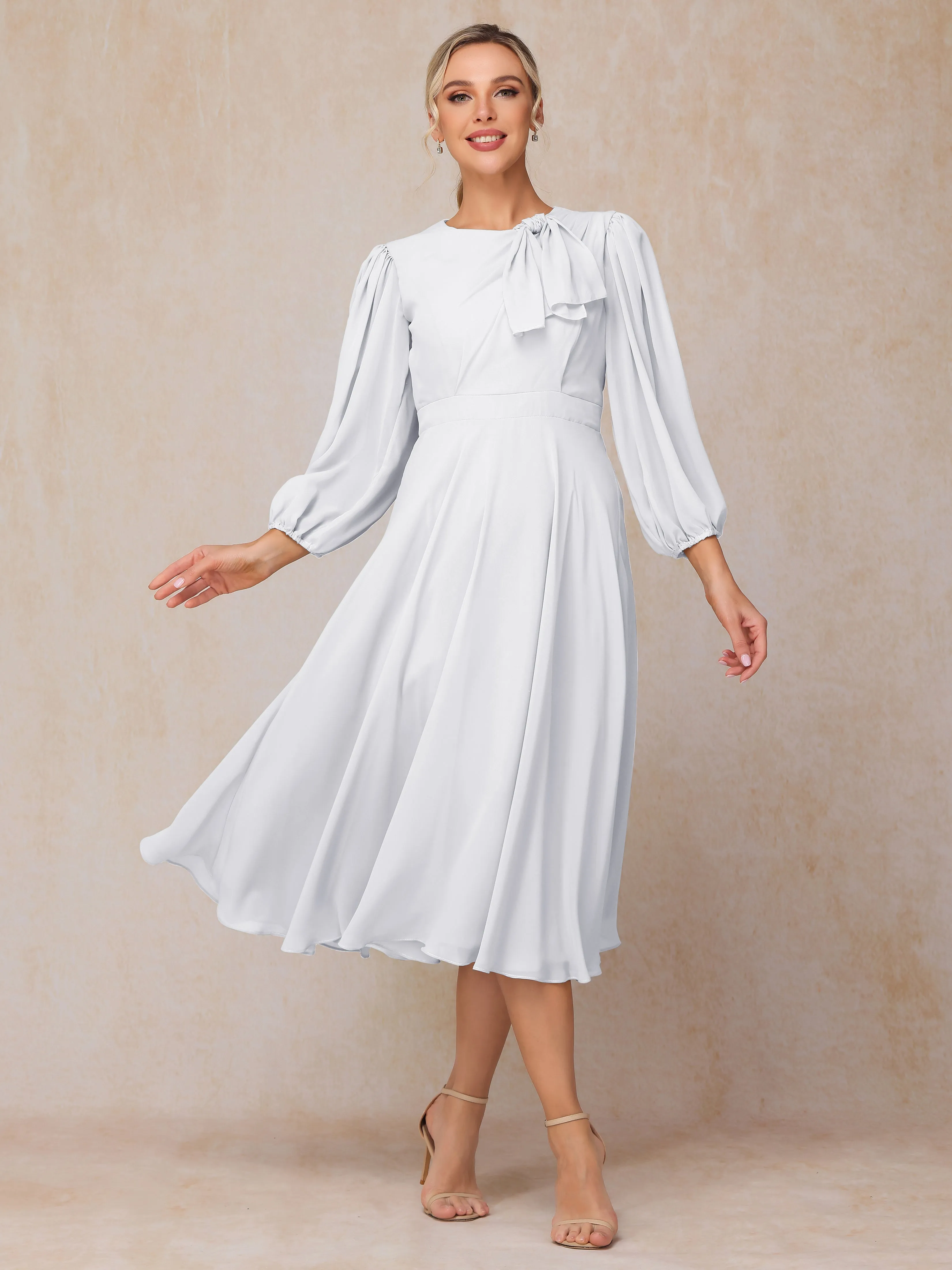 Mi-longue Trapèze Manches 3/4 Col rond Mousseline Robe Mère de la Mariée avec nœud