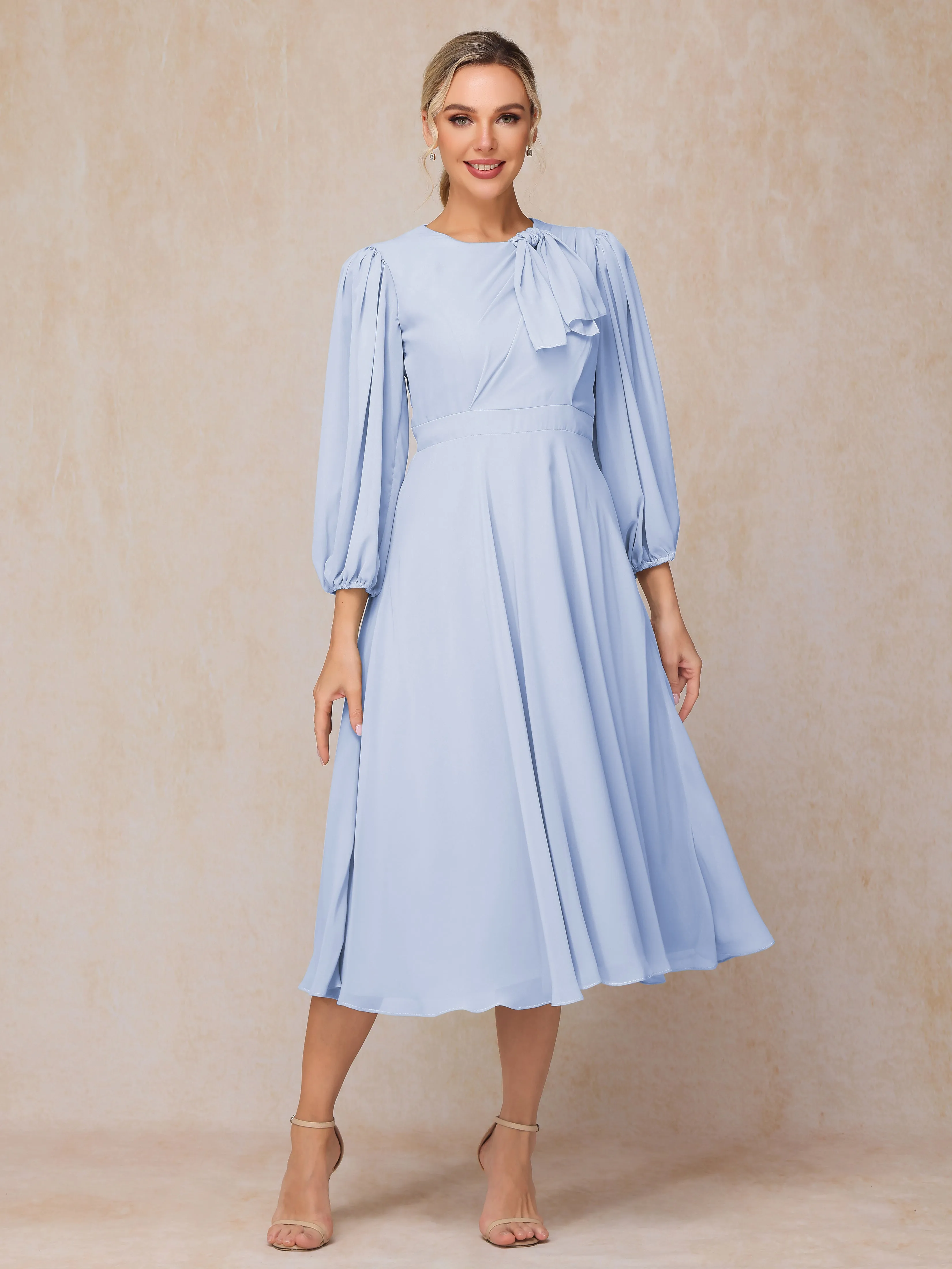 Mi-longue Trapèze Manches 3/4 Col rond Mousseline Robe Mère de la Mariée avec nœud