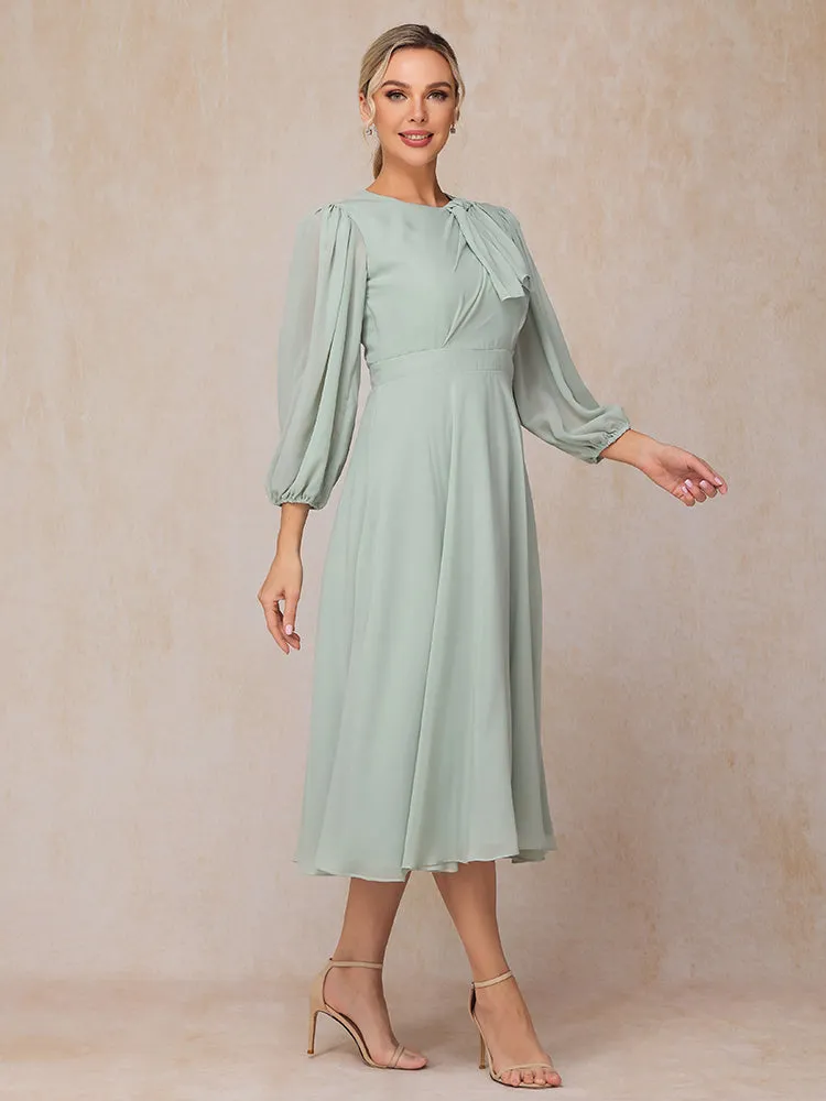 Mi-longue Trapèze Manches 3/4 Col rond Mousseline Robe Mère de la Mariée avec nœud