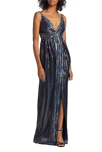 Naomi Foil Pleated Gown - Dark Silver