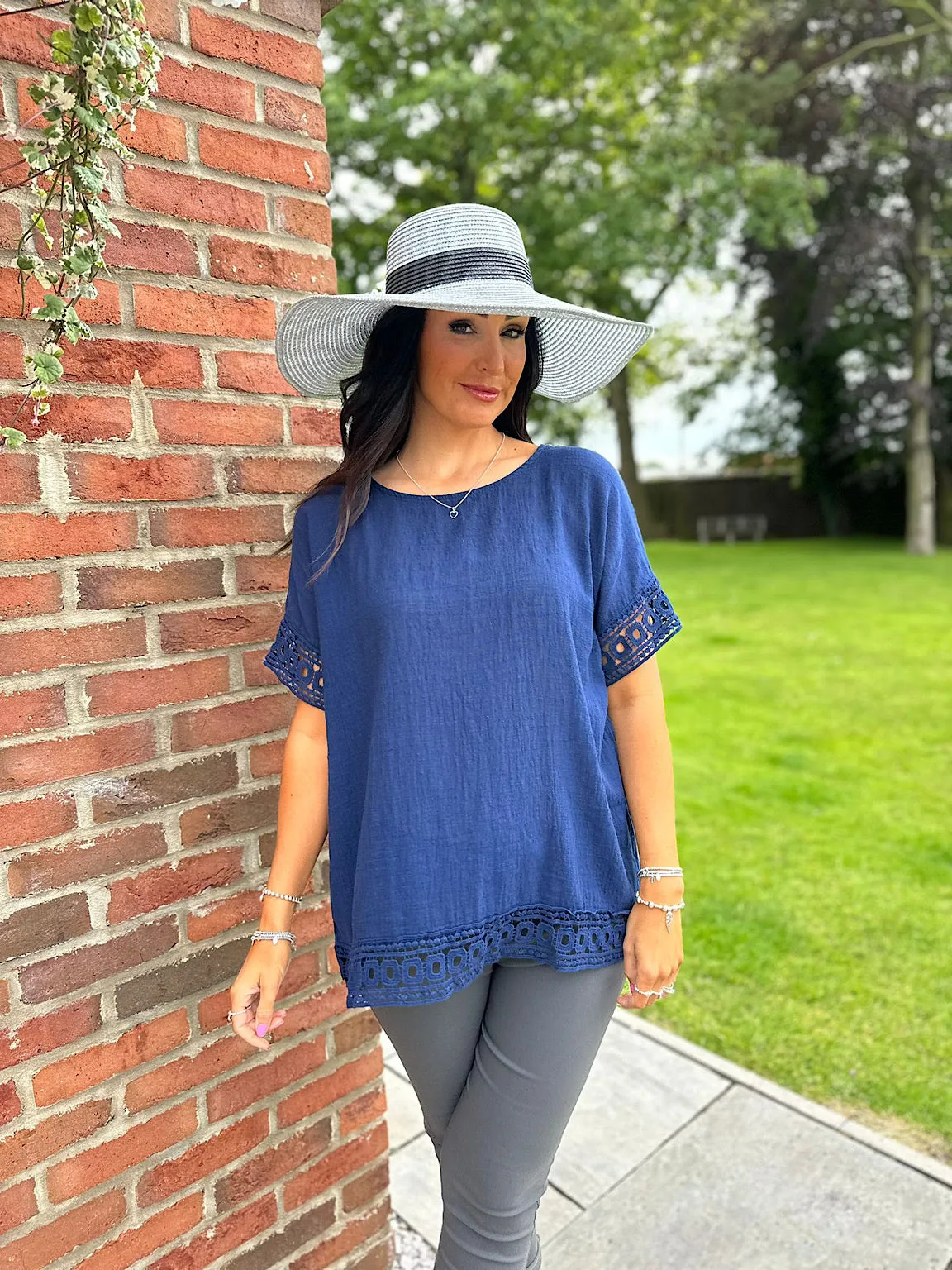 Navy Crochet Trim Top Rachel