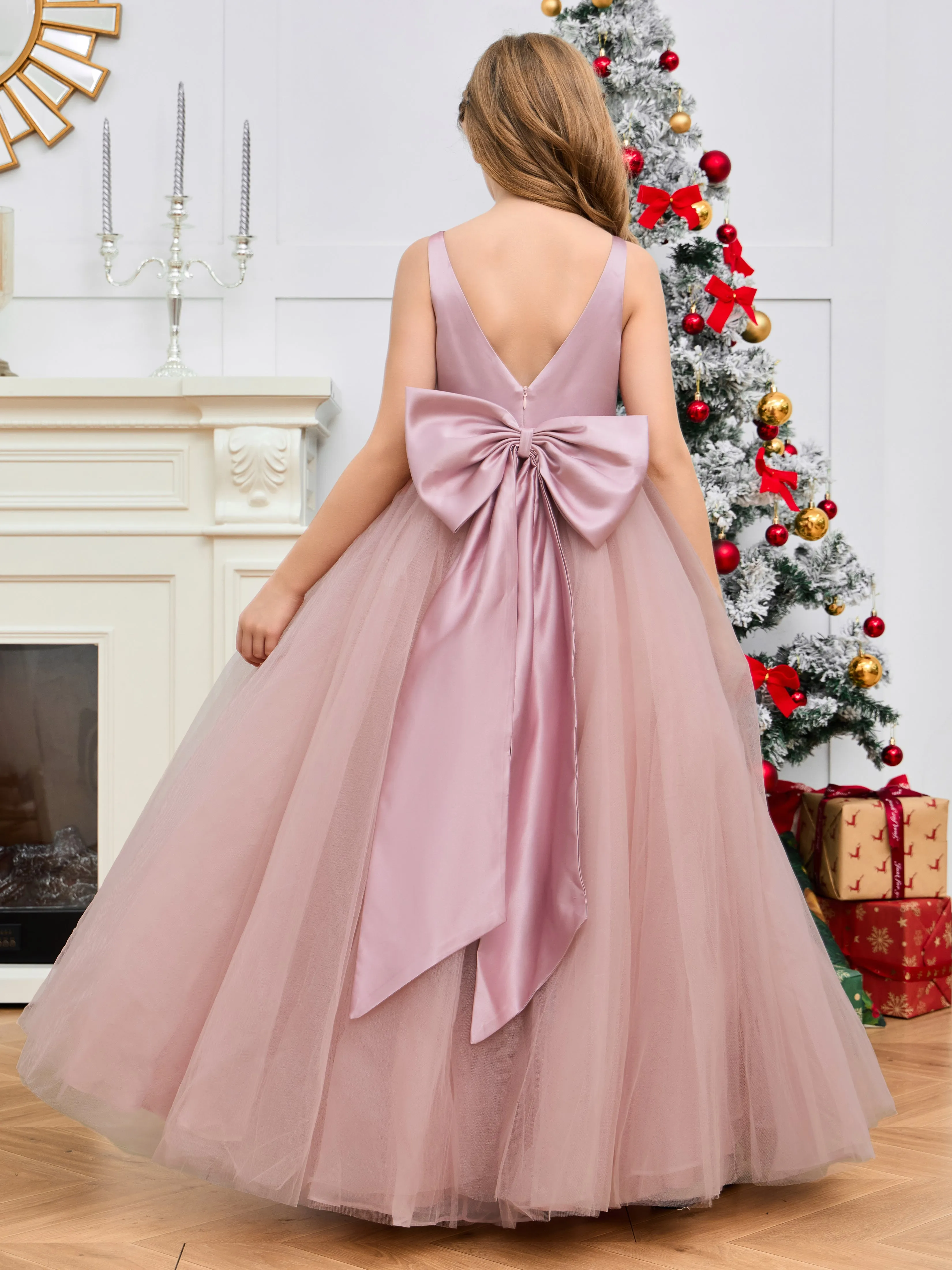 Nœud Papillon Tulle & Satin Longue Robe Fille