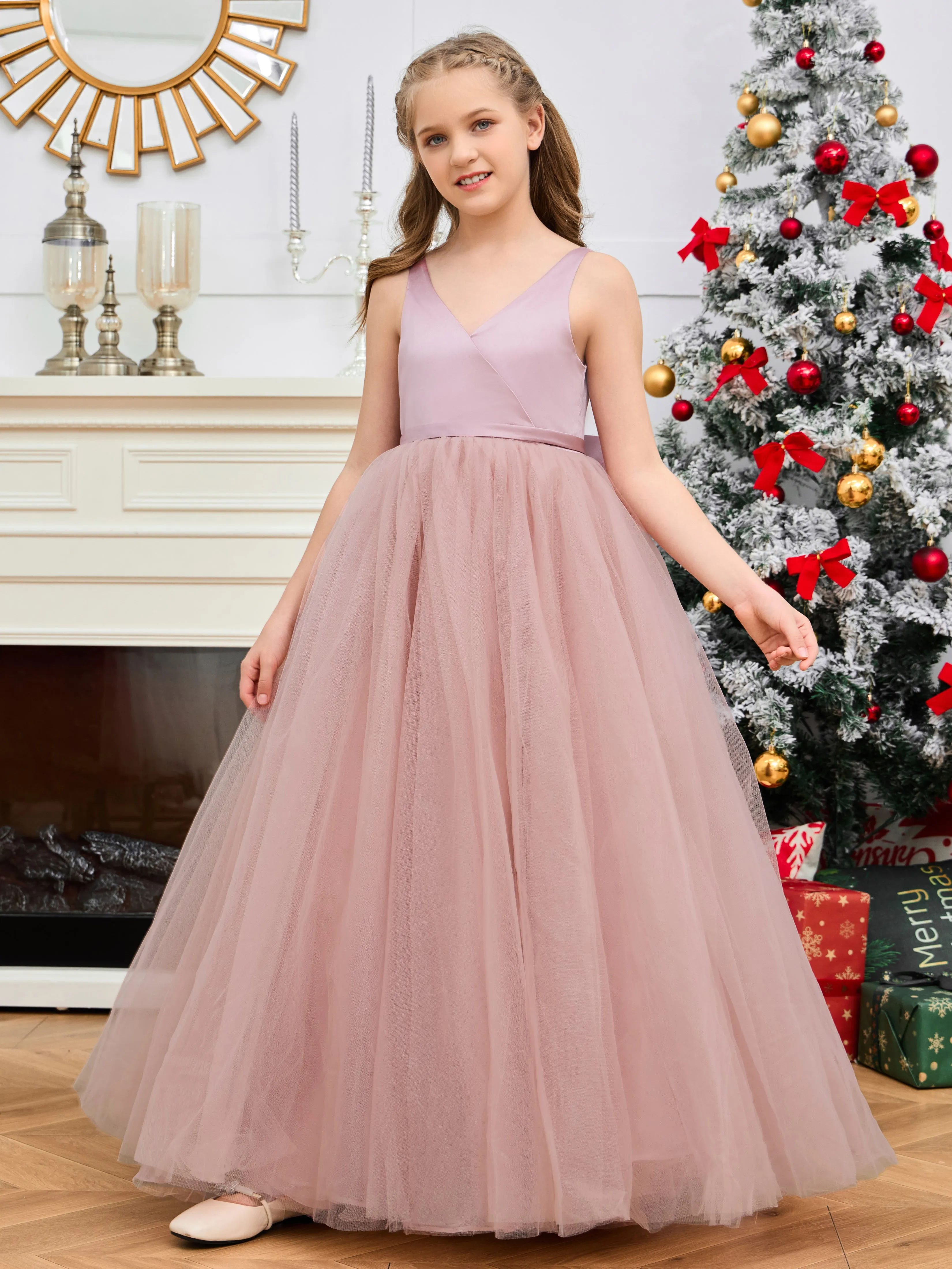 Nœud Papillon Tulle & Satin Longue Robe Fille