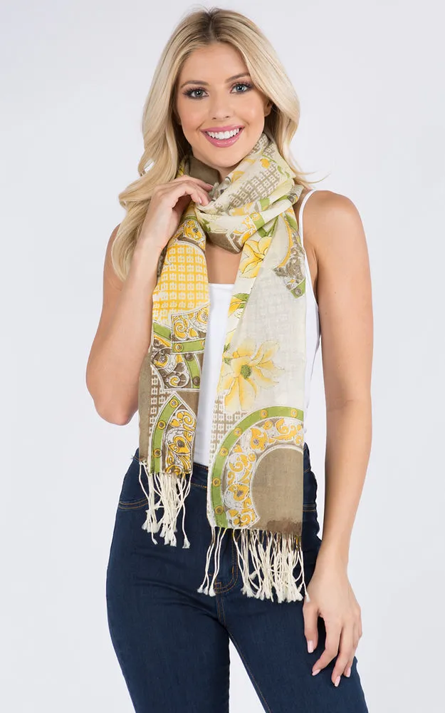 PMW913 Flower Print Oblong Scarf w/Fringes