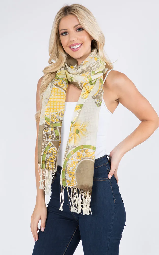 PMW913 Flower Print Oblong Scarf w/Fringes