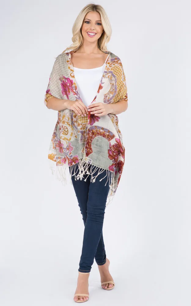 PMW913 Flower Print Oblong Scarf w/Fringes